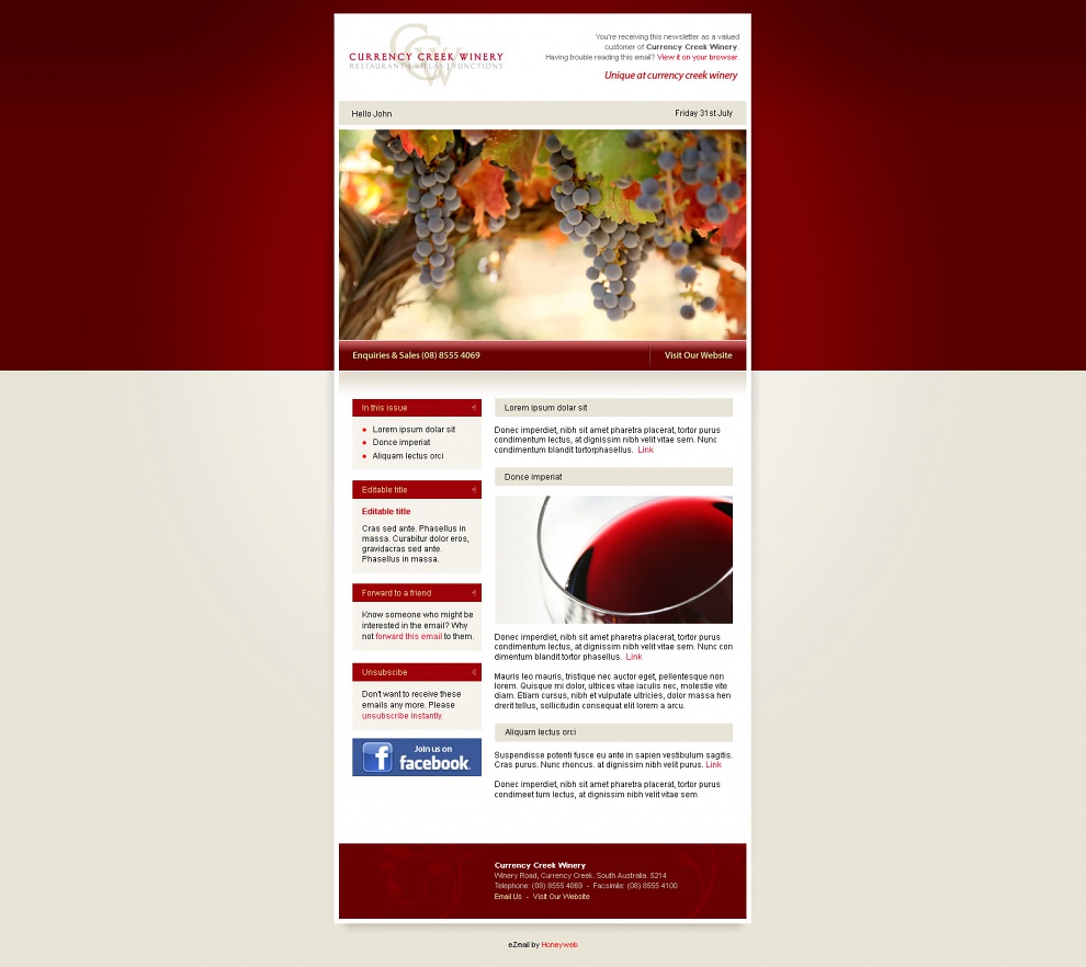 Currency Creek Winery - Email Marketing
